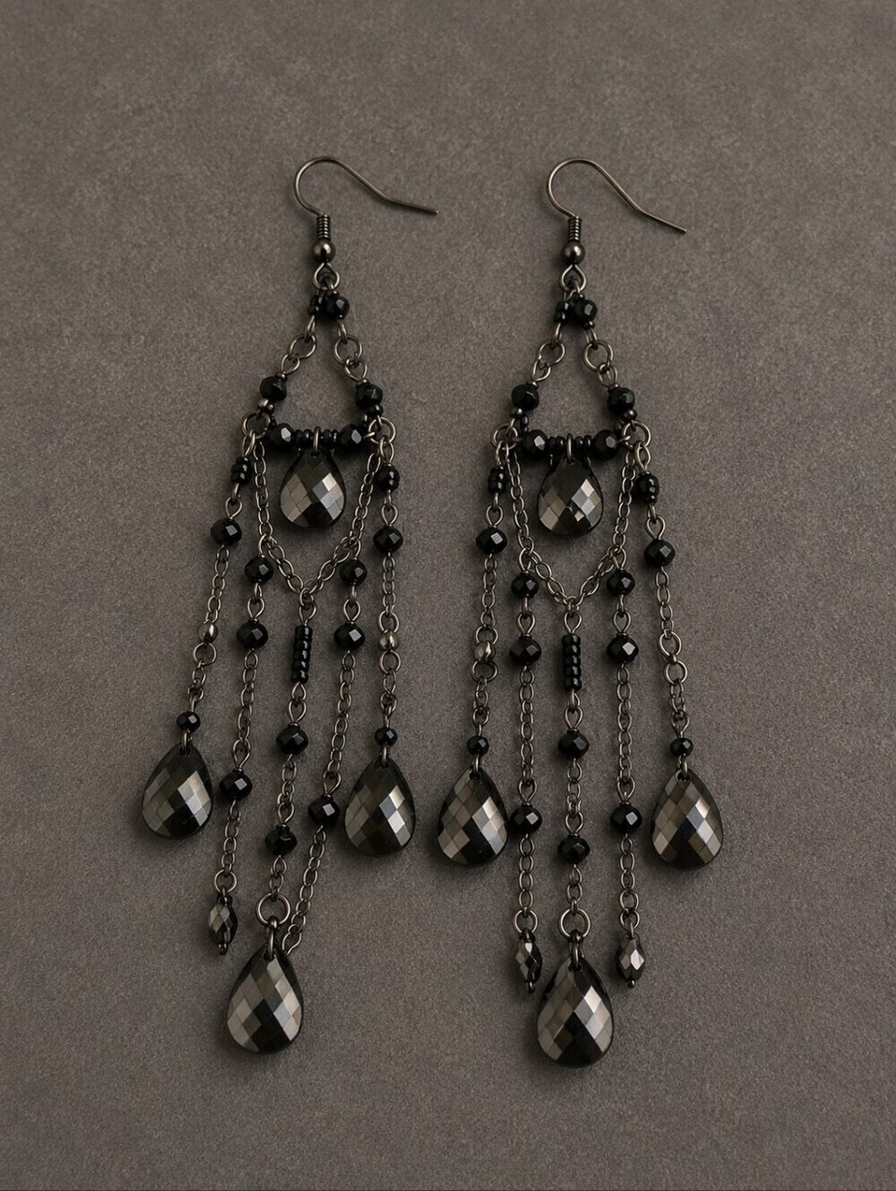 Vtg Gunmetal Black Witchy Gothic Beaded Extra Long Chandalier Earrings